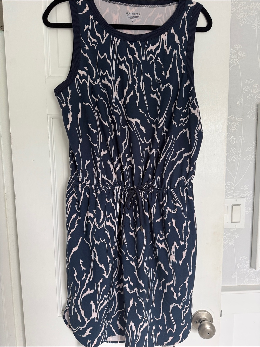 Athleta Navy and Light Pink Abstract Drawstring Midi Dress